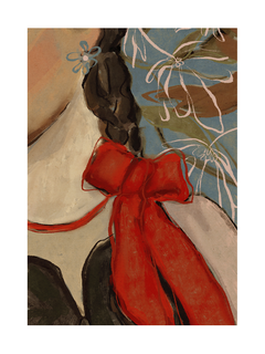 Handgemaltes Bild einer Frau mit roter Schleife und floralem Hintergrund.