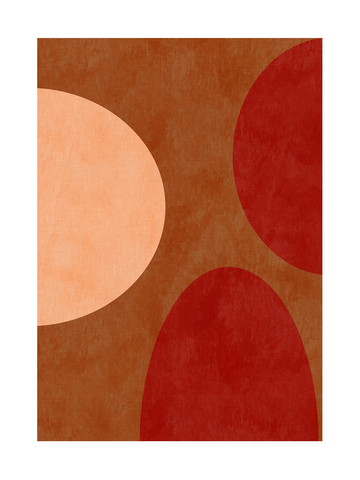 Grafisches Poster mit roten und beigen Formen auf braunem Hintergrund.
