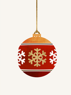 Illustration einer roten Weihnachtskugel mit Schneeflocken auf neutralem Hintergrund.