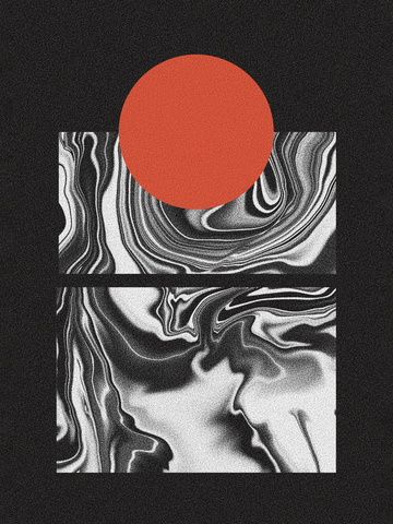 Grafische Illustration mit einem roten Kreis über einem schwarz-weiß gemusterten Quadrat auf schwarzem Hintergrund.