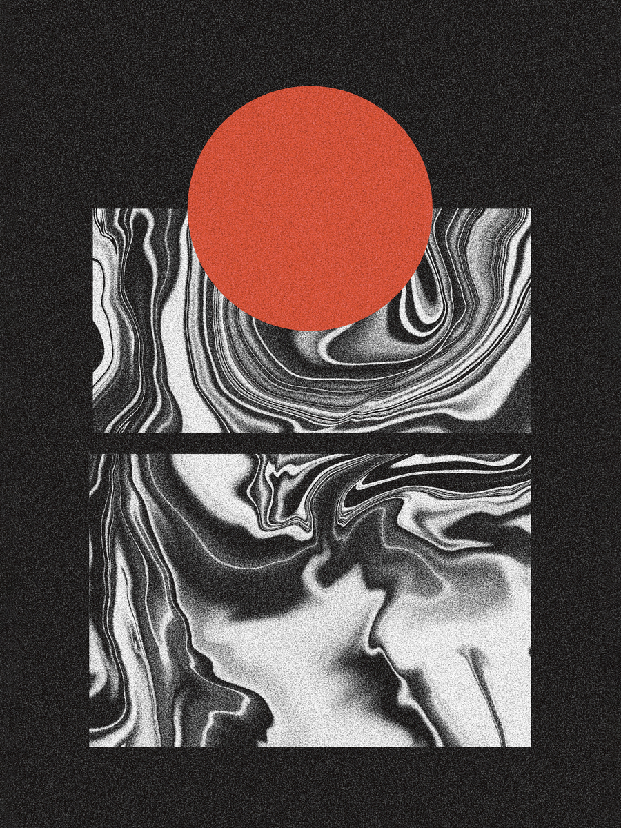 Grafische Illustration mit einem roten Kreis über einem schwarz-weiß gemusterten Quadrat auf schwarzem Hintergrund.