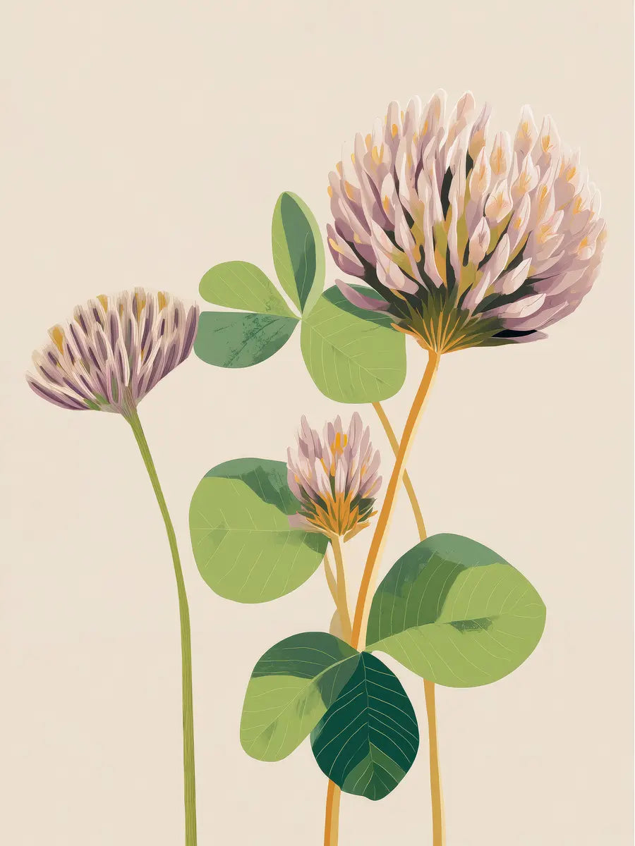 Illustration von Rotklee mit grünen Blättern und rosa Blüten auf hellbeigem Hintergrund.