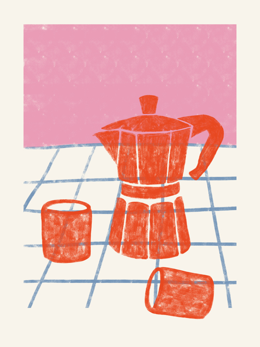 Illustration einer roten Kaffeekanne und zwei Tassen auf einem karierten Tisch mit rosa Hintergrund.