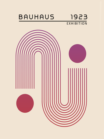 Grafisches Poster mit dem Text "Bauhaus Exhibition 1923" und einem grafischen Muster in Rosa auf beigem Hintergrund.