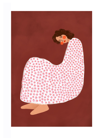 Illustration einer Frau in einem weißen Kleid mit rosa Kreisen auf dunkelrotem Hintergrund.