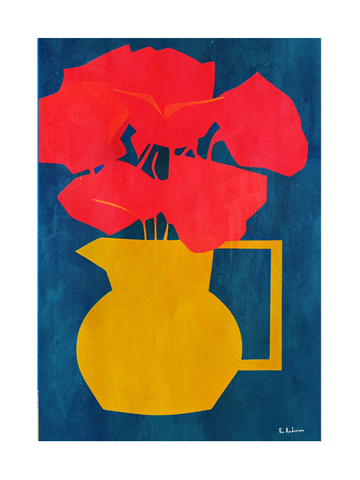 Grafische Illustration von roten Blumen in einer gelben Vase vor einem dunkelblauen Hintergrund.