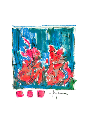 Poster mit roten Blumen auf blauem Hintergrund im handgemalten Stil.