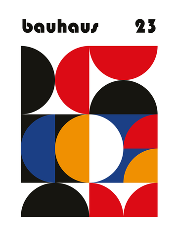 Geometrisches abstraktes Kunstwerk im Bauhaus-Stil mit Halbkreisen, Kreisen und Viertelkreisen in Schwarz, Weiß und verschiedenen Rottönen. Oben steht der Schriftzug „bauhaus 23“