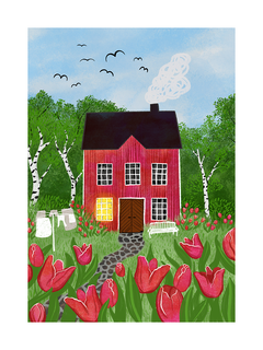 Illustration eines roten Hauses mit schwarzem Dach, umgeben von roten Blumen und Bäumen.