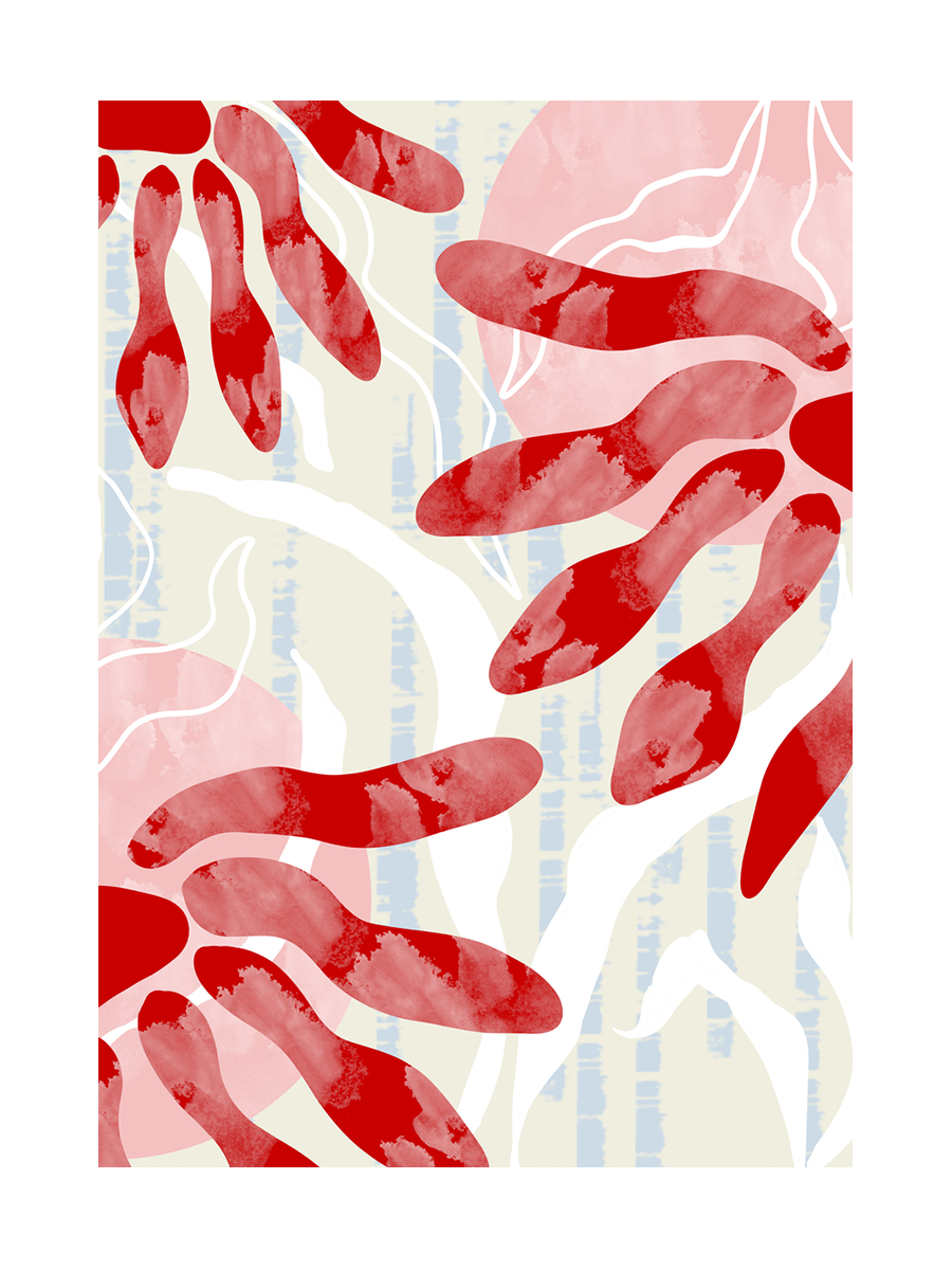 Handgemaltes Poster mit Blumen und roten Blütenblättern auf pastellfarbenem Hintergrund.