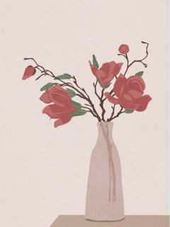 Illustration einer rosa Vase mit roten Rosen auf hellrosa Hintergrund.