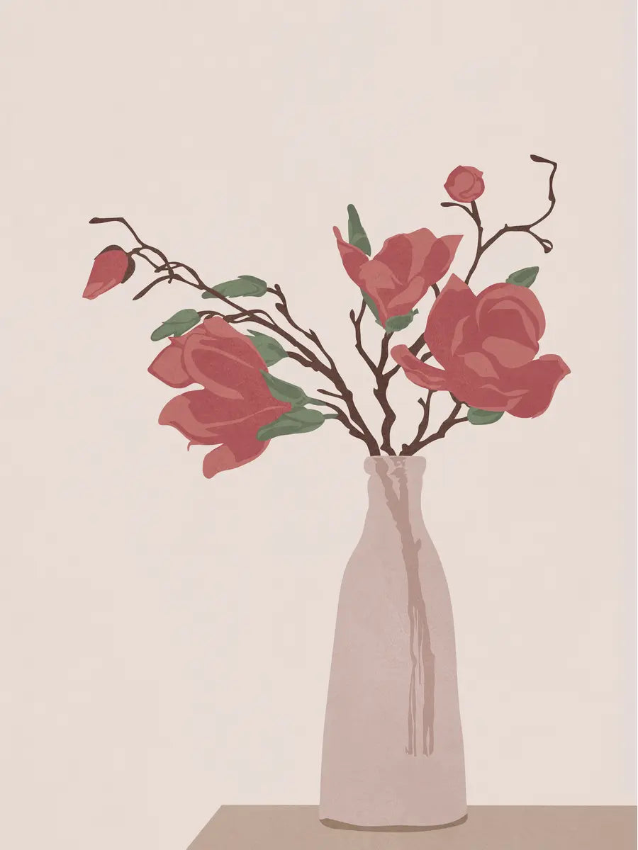 Illustration einer rosa Vase mit roten Rosen auf hellrosa Hintergrund.