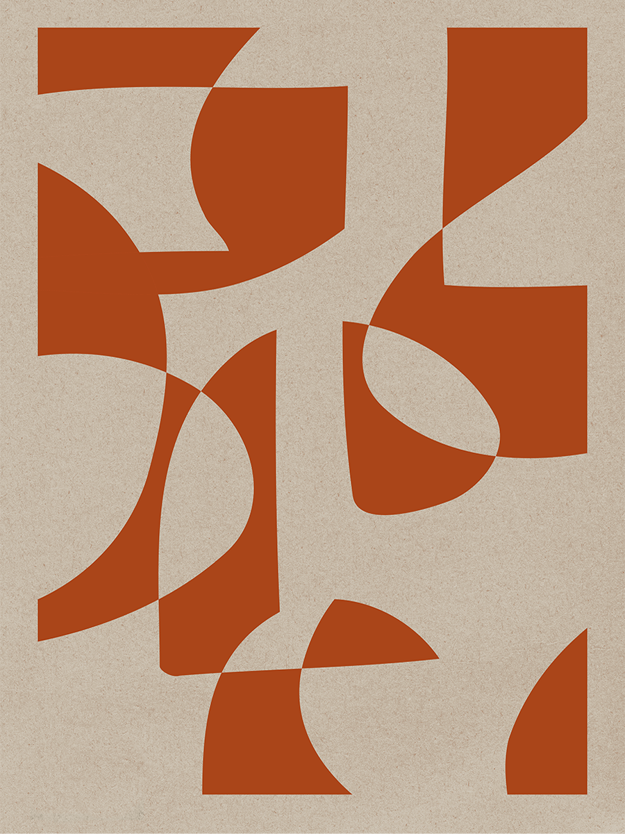Grafische Illustration mit abstrakten roten Formen auf beigem Hintergrund.