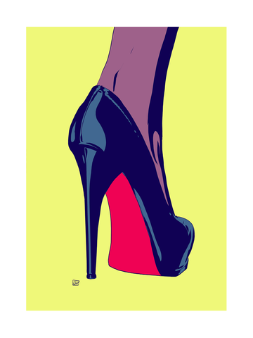 Illustration eines schwarzen High Heels mit roter Sohle auf gelbem Hintergrund.