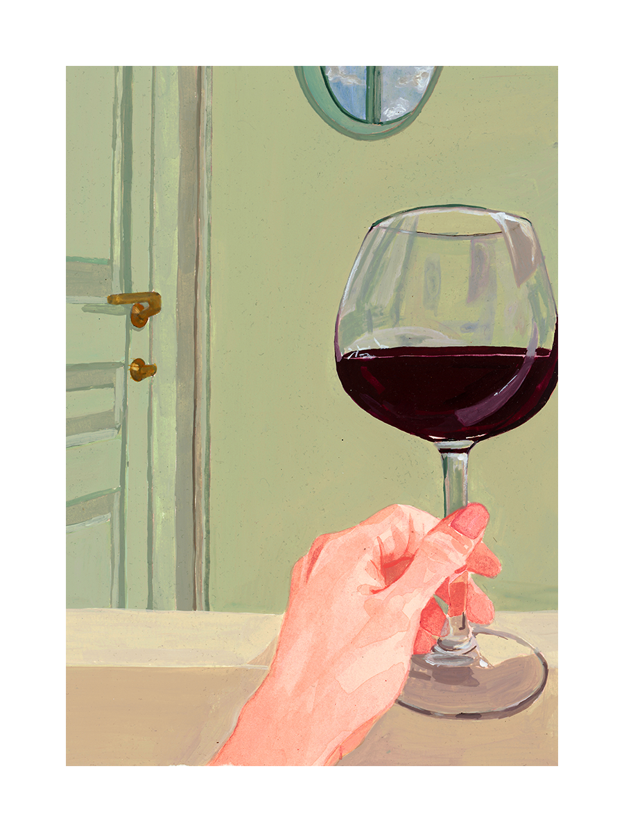 Illustration einer Hand mit einem Glas Rotwein vor einer grünen Tür.