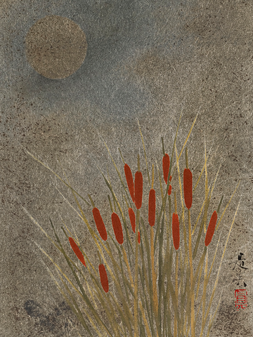 Poster mit Schilfrohr in Rot und Grün vor einem grauen Hintergrund mit Mond.