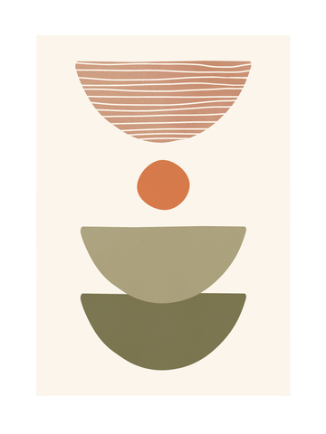 Grafische Illustration mit einer kleinen, roten Kugel und drei Halbbögen in Rot und Grün auf beigem Hintergrund.