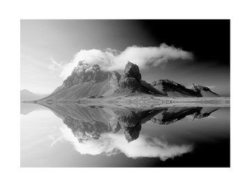 Schwarz-Weiß-Fotografie eines Berges, der sich im Wasser spiegelt.