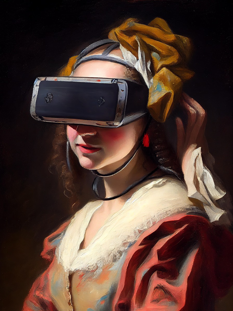 Frau in historischem Kleid mit VR-Brille.