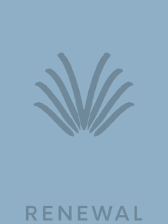 Grafische Illustration einer Pflanze mit dem Wort "Renewal" auf blauem Hintergrund.