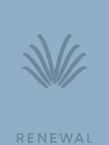 Grafische Illustration einer Pflanze mit dem Wort "Renewal" auf blauem Hintergrund.