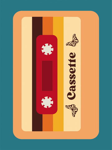 Illustration einer Retro-Kassette in Rot, Braun und Orange auf einem türkisfarbenen Hintergrund.