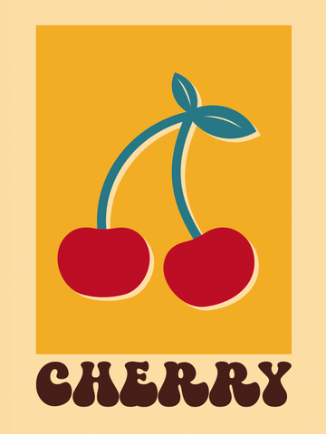 Grafik mit zwei roten Kirschen auf gelbem Hintergrund und dem Wort "Cherry" darunter.