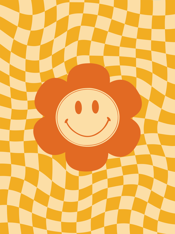 Grafik einer Blume mit Smiley-Gesicht in Orange auf einem gelb-orange karierten Hintergrund.