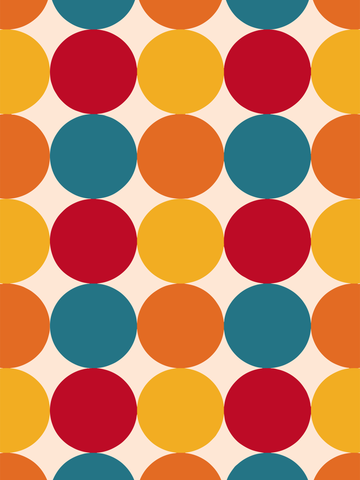 Ein Poster mit einem Kreis-Muster in Rot, Gelb, Orange und Blau auf beigem Hintergrund.
