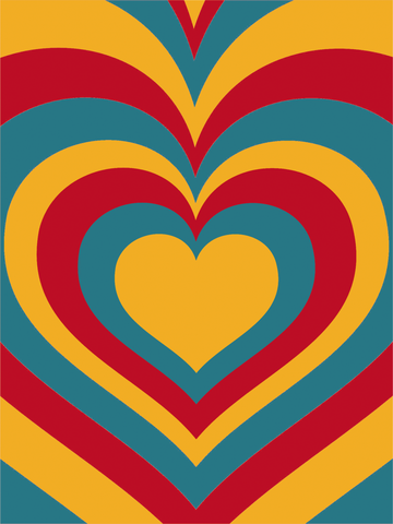 Ein Herz mit gelben, roten und blauen Streifen in einem Retro-Design.