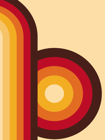 Grafische Illustration des Buchstabens B in Rot und Orange vor einem beigen Hintergrund.