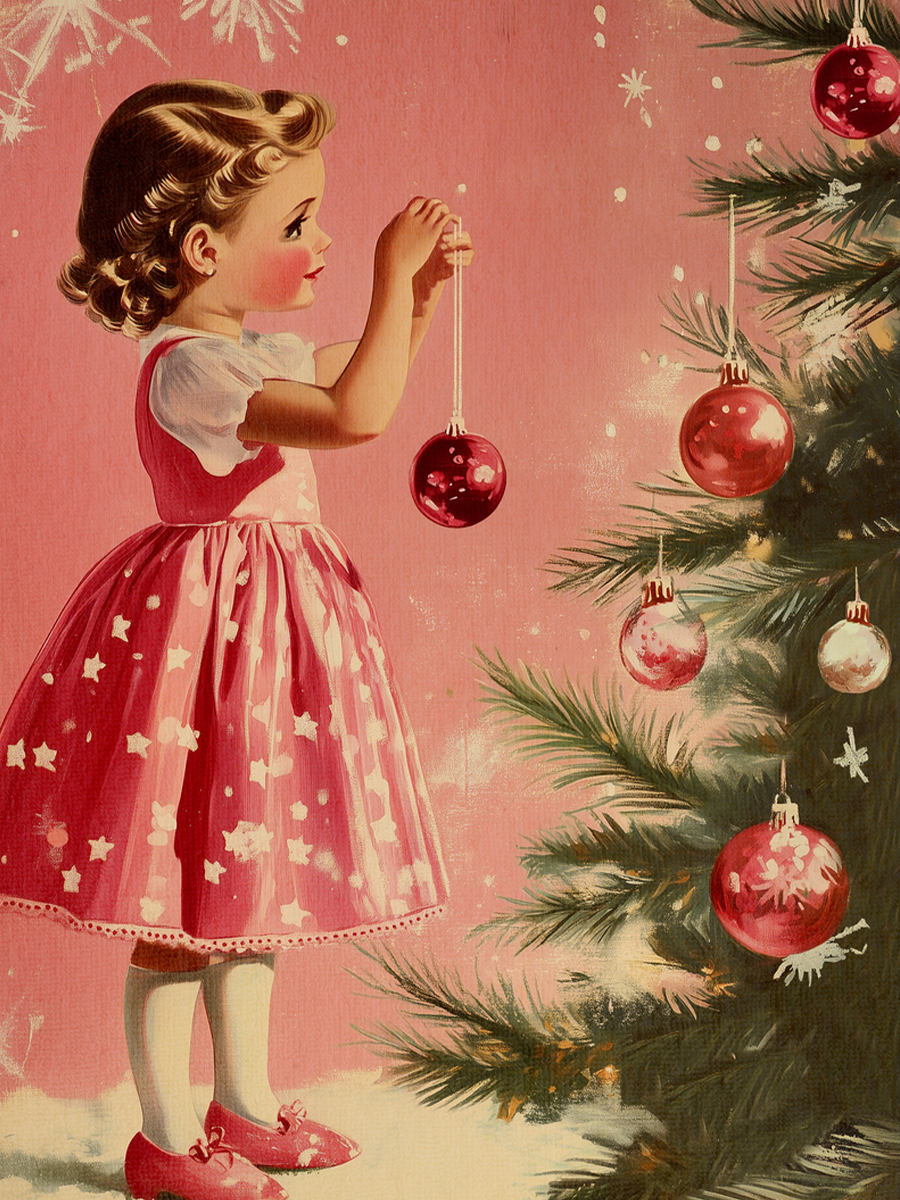 Ein kleines Mädchen schmückt einen Weihnachtsbaum vor einem rosa Hintergrund.