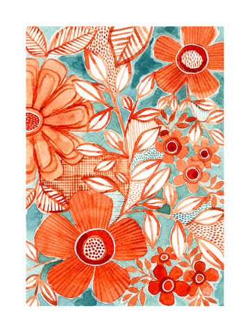 Retro-Blumenmuster mit orangefarbenen Blumen und weißen Blättern auf türkisfarbenem Hintergrund.
