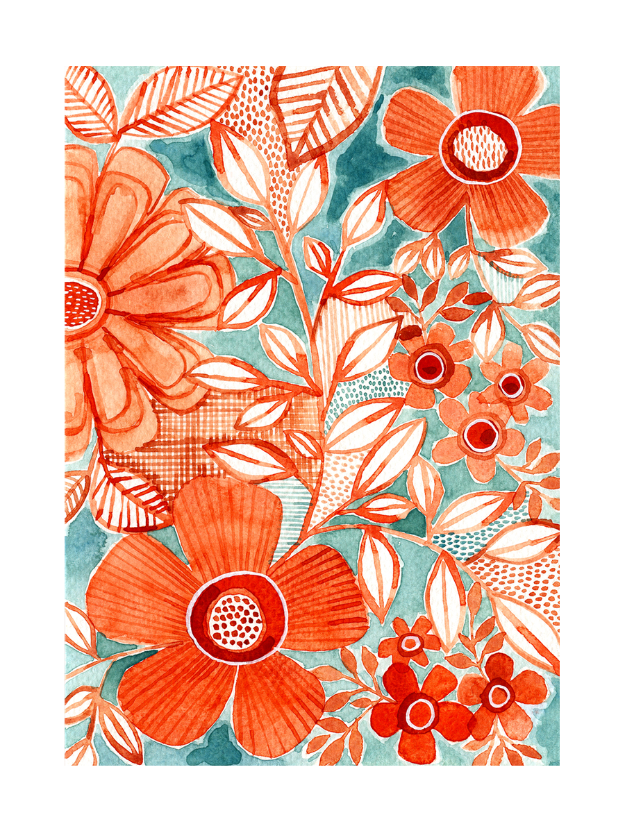 Retro-Blumenmuster mit orangefarbenen Blumen und weißen Blättern auf türkisfarbenem Hintergrund.