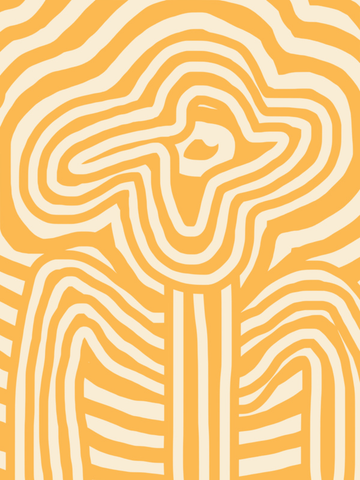 Grafisches Blumenmotiv in Gelb und Beige mit Streifen, inspiriert von den 70er Jahren.