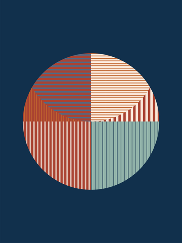 Grafische Illustration eines Kreises mit Streifen in Blau, Rot und Beige auf dunkelblauem Hintergrund.