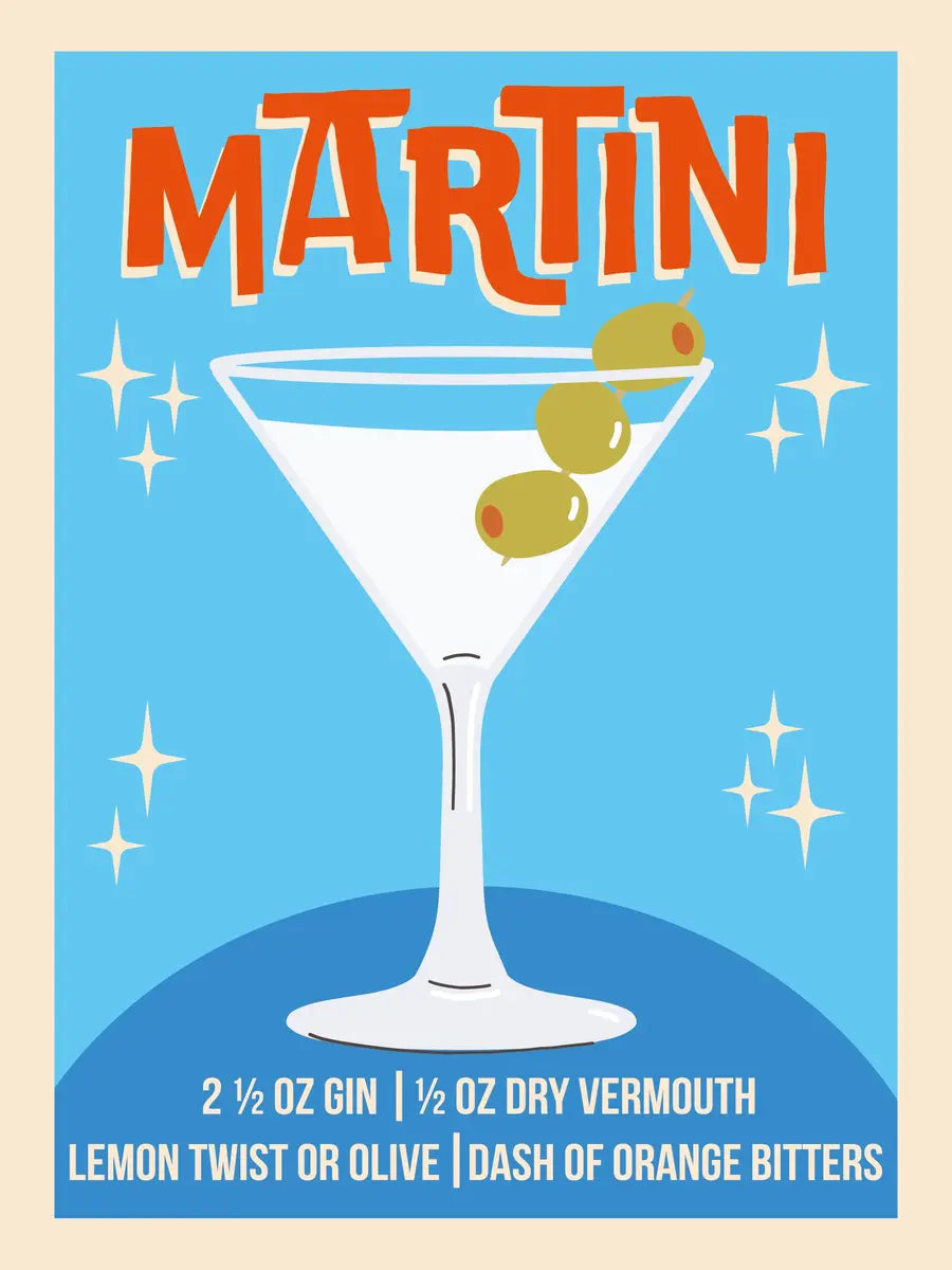 Retro-Poster mit Martini-Cocktail-Rezept und Oliven auf blauem Hintergrund.