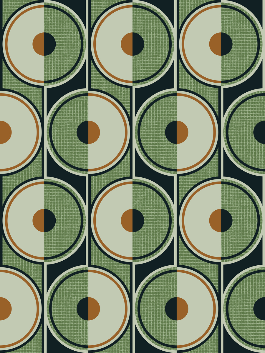 Grafisches Muster in Grün und Braun mit geometrischen Formen im Retro-Stil.
