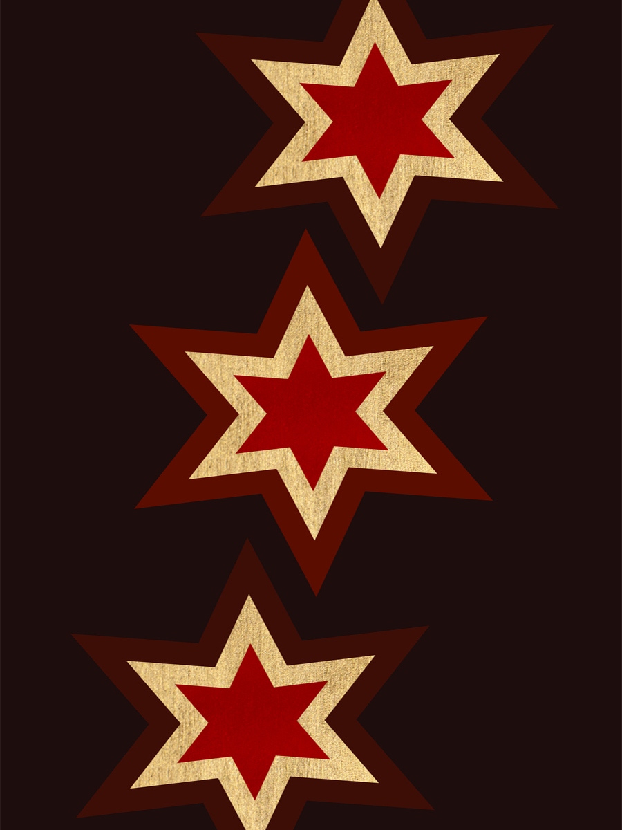 Grafik von roten und goldenen Sternen auf dunkelbraunem Hintergrund.