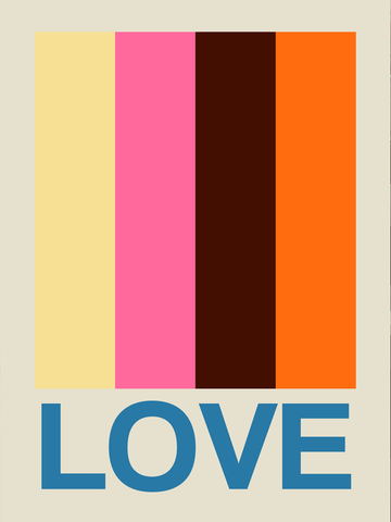 Poster mit dem Wort "LOVE" in Blau unter vertikalen Streifen in Gelb, Pink, Braun und Orange auf beigem Hintergrund.