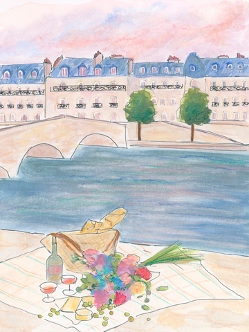 Illustration eines Picknicks am Flussufer mit Brücke und Gebäuden im Hintergrund.
