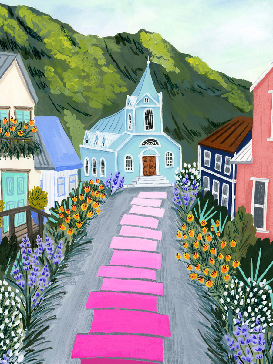 Poster einer kleinen Stadt mit blauer Kirche, pinkem Weg, Blumen und bunten Häusern vor grünen Bergen.