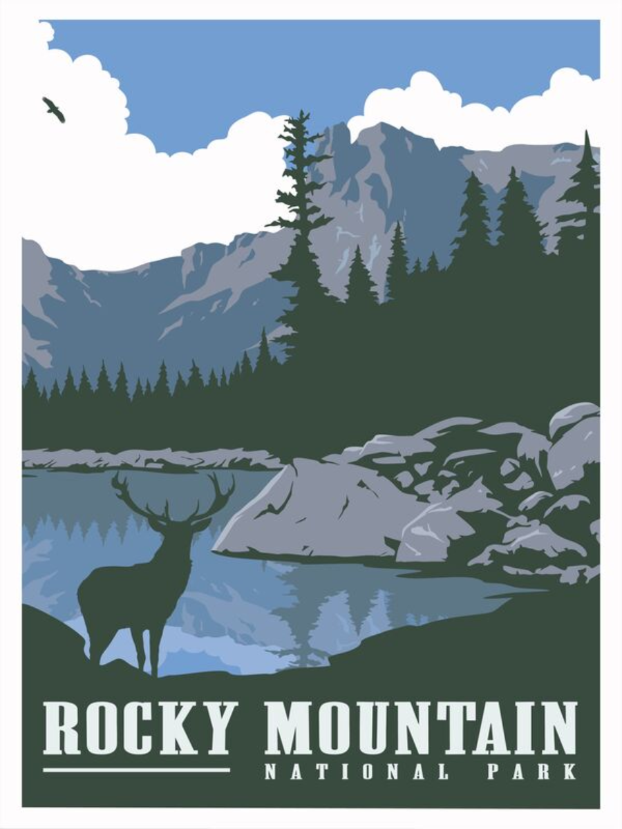 Poster mit einem Hirsch vor einem See und Bergen im Rocky Mountain Nationalpark.