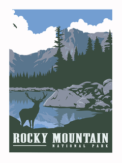 Poster mit einem Hirsch vor einem See und Bergen im Rocky Mountain Nationalpark.