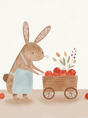 Ein Hase in einer hellblauen Schürze zieht einen Wagen voller roter Äpfel und bunter Blumen.