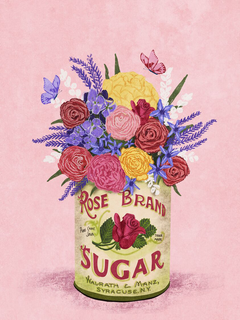 Strauß bunter Blumen in einer Dose mit der Aufschrift "Rose Brand Sugar" vor rosa Hintergrund.