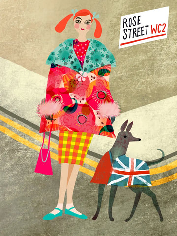 Illustration einer Frau mit roten Haaren und bunter Jacke neben einem Hund mit Union-Jack-Mantel, Text "Rose Street WC2".