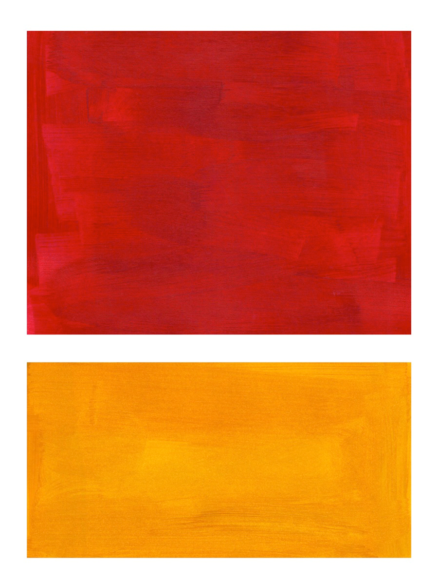 Abstraktes Poster mit zwei horizontalen Blöcken in Rot und Orange.