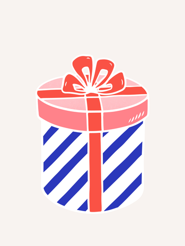 Illustration eines runden Geschenks mit blauen Streifen und roter Schleife.