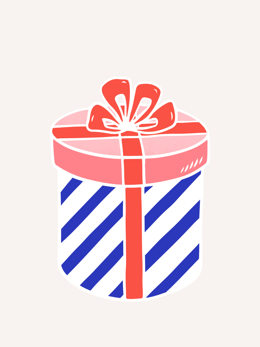 Illustration eines runden Geschenks mit blauen Streifen und roter Schleife.